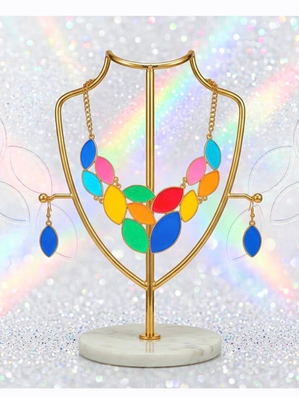 Gold Multicolor Enamel Necklace Earrings Set
